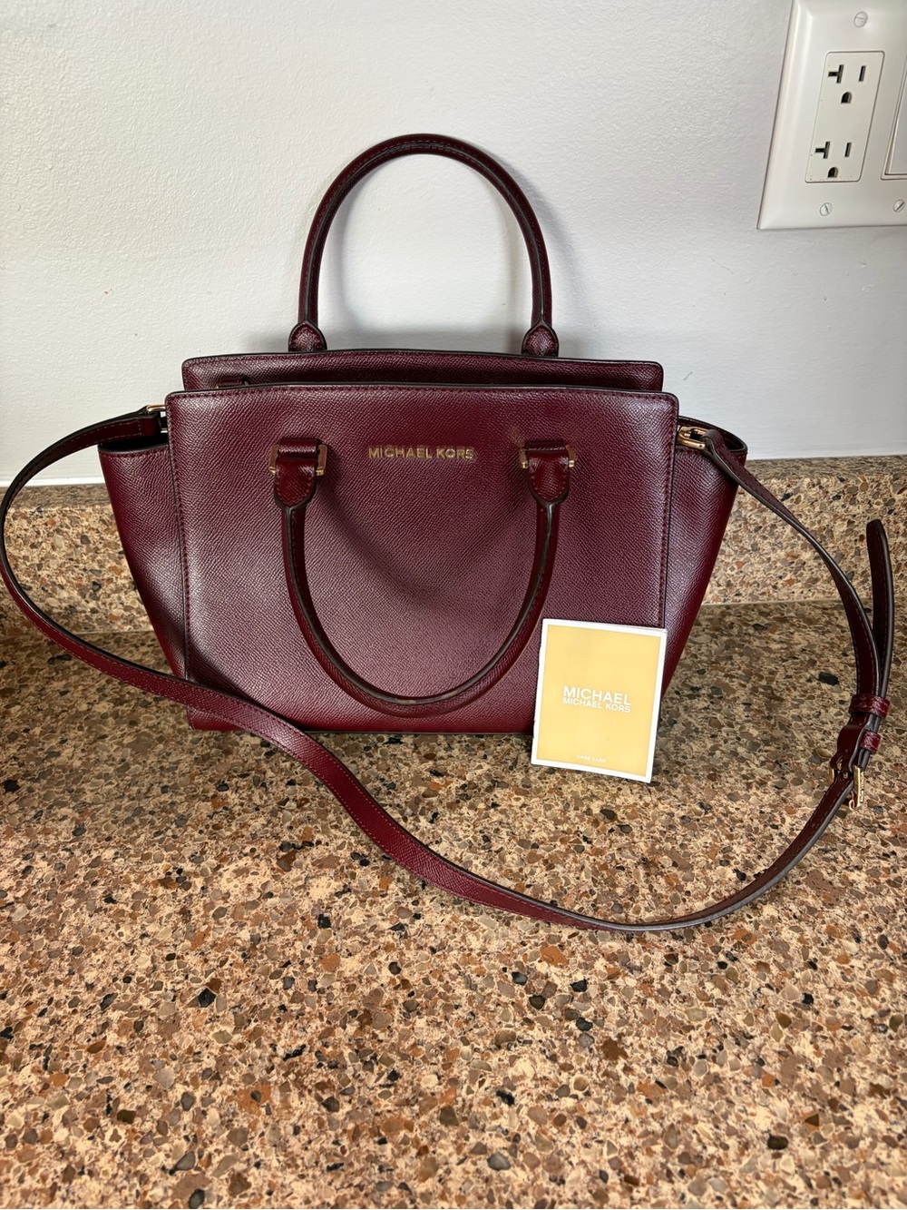 Michael Kors Wine Saffiano Leather Satchel with Gold Hardware
